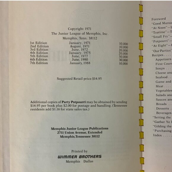 Party Potpourri Cookbook Junior League of Memphis Menus for Entertaining 1988 - Picture 4 of 11